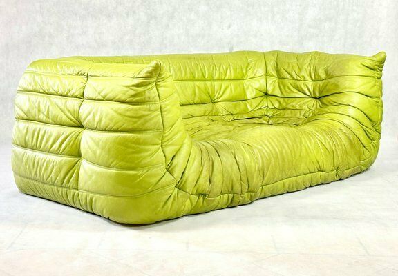 Vintage 3 Seat Togo Sofa With Arms In Green Leather By Michel Ducaroy For Ligne Roset, 2012 photo for sale
