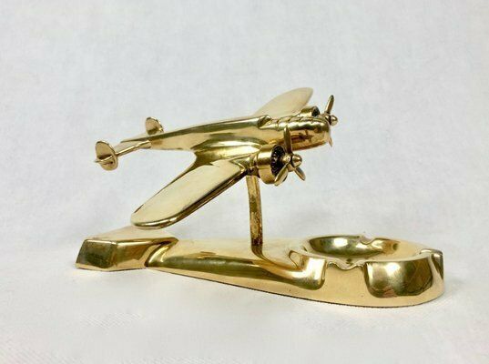 Polish Model Pzl37 łoś Desk Plane With Ashtray In Brass, 1930s photo vintage