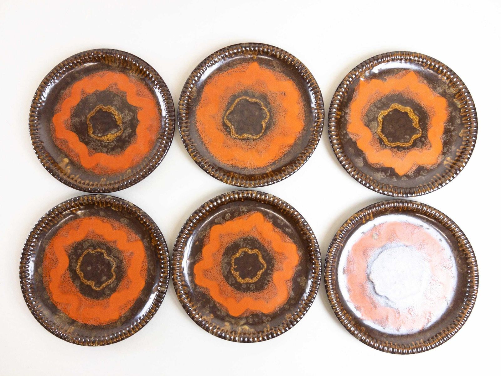 Carstens Uffrecht Serving Platter And 6 Dessert Plates   Rare Art Deco Orange And Brown Drip Glaze 7 Piece Plate Set photo buy