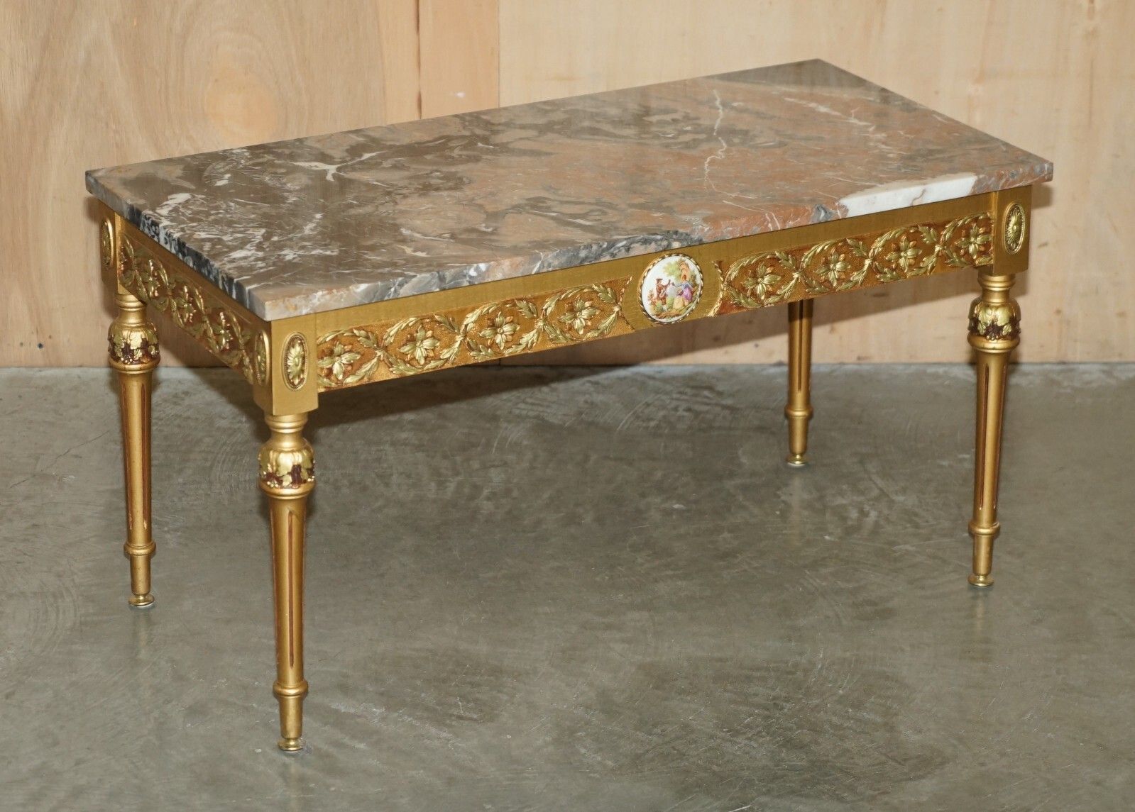 French Marble Topped Gold Giltwood Coffee Table With Signed Painted Paris Plaque photo furniture