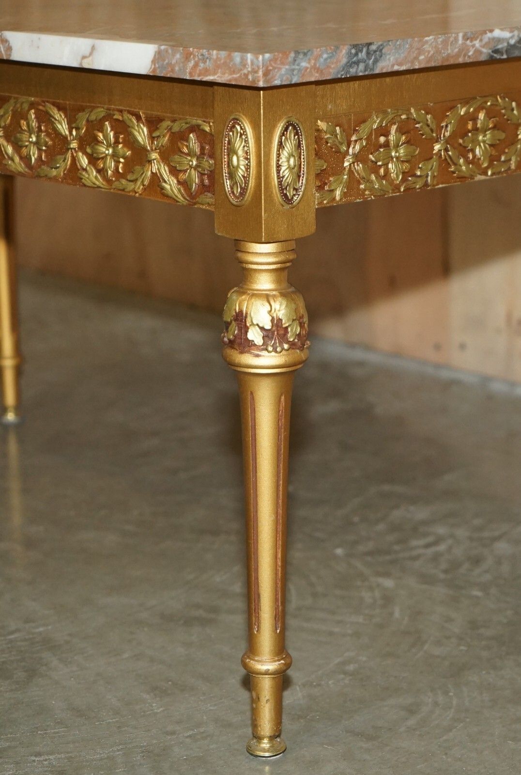photo vinterior French Marble Topped Gold Giltwood Coffee Table With Signed Painted Paris Plaque