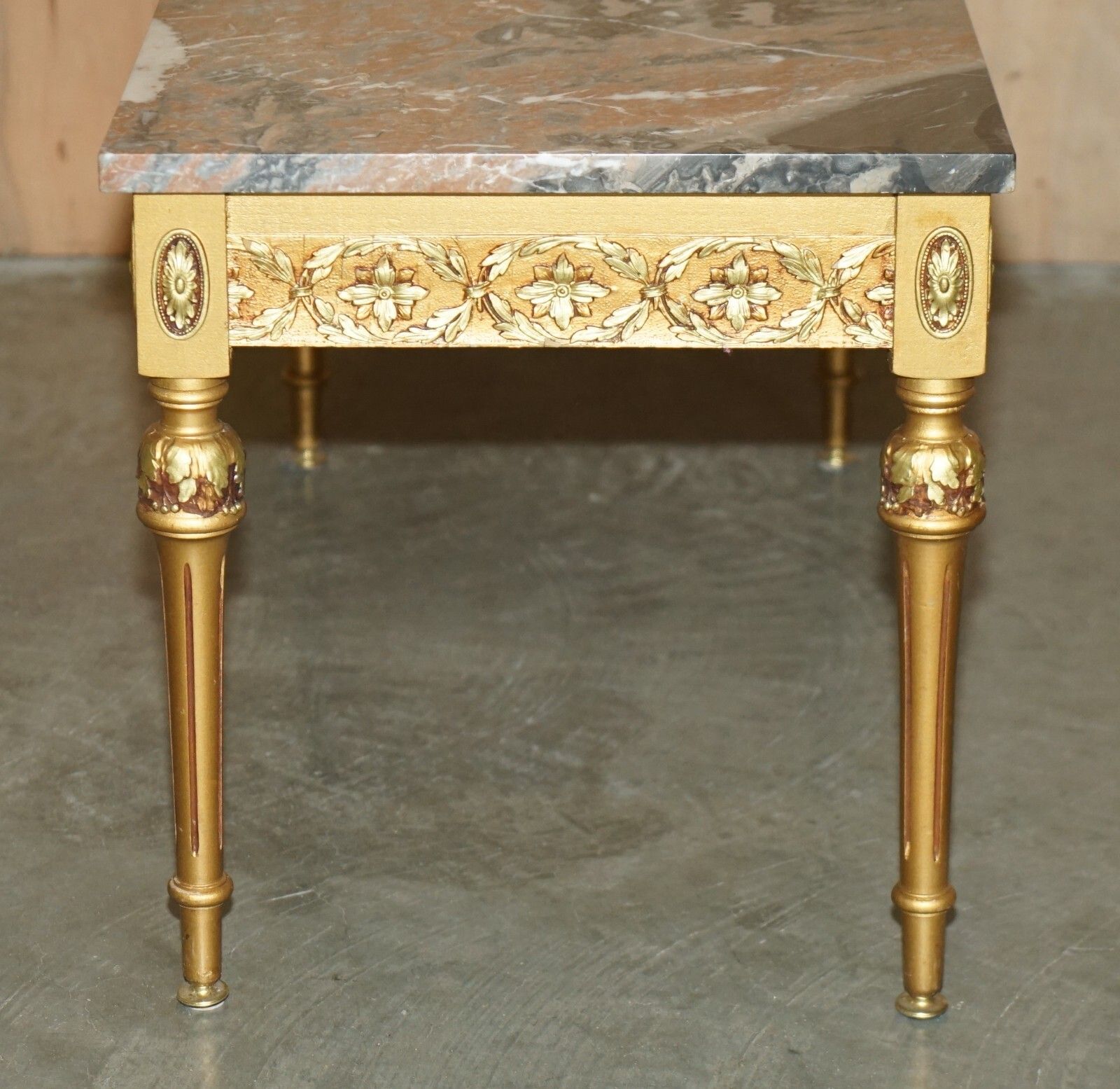photo buy French Marble Topped Gold Giltwood Coffee Table With Signed Painted Paris Plaque