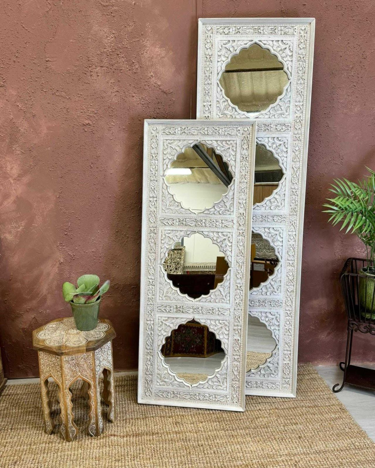 Hand Carved Wall Mirror With Traditional Indian Design In Mango Wood photo for sale