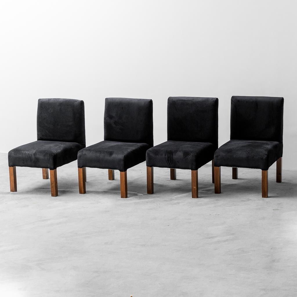 Set Of Four 70s Vintage Modern Velvet Wooden Chairs