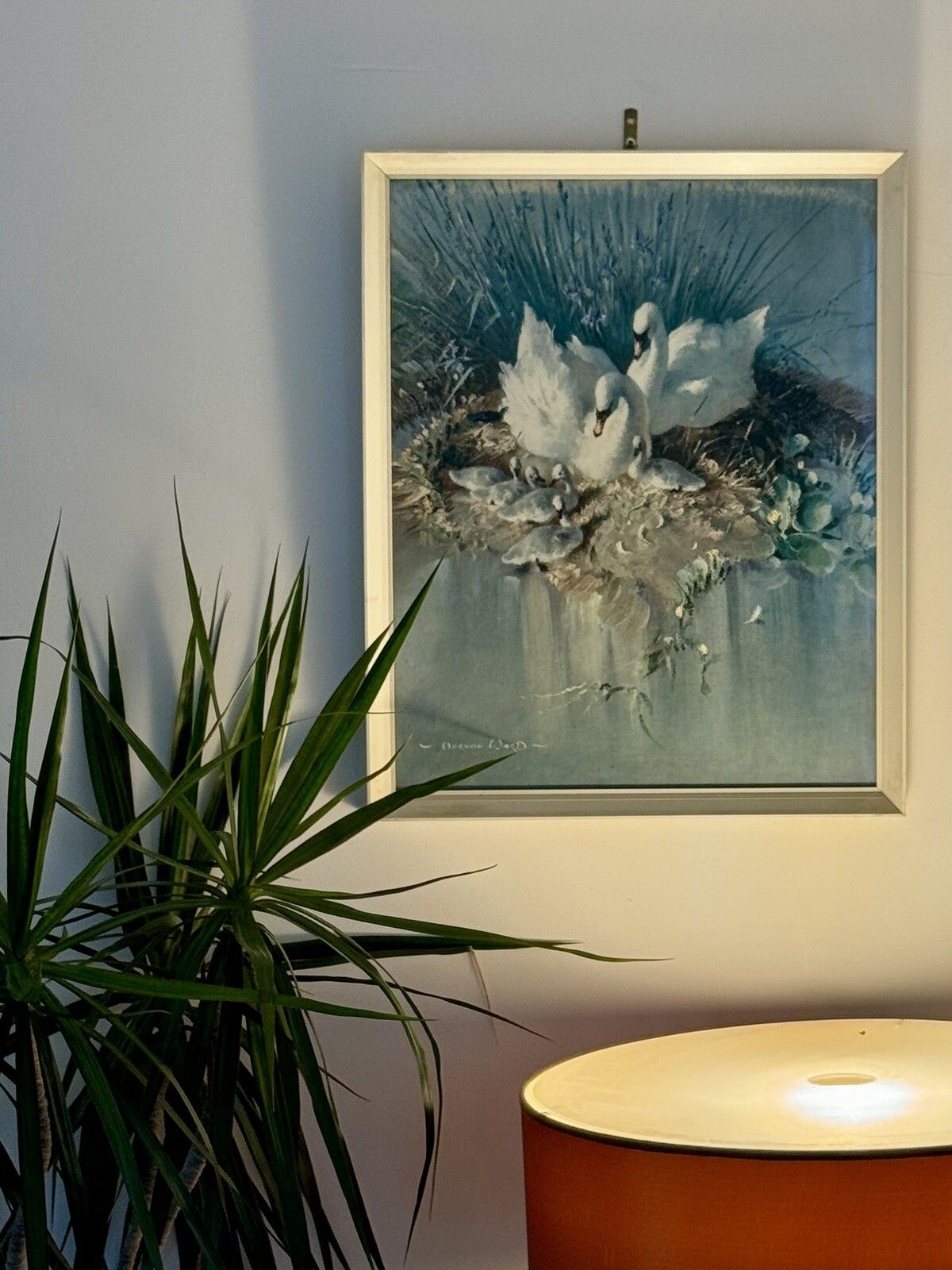 Mid Century Vernon Ward Framed & Glazed Print Swans & Cygnets “Early Days” photo furniture