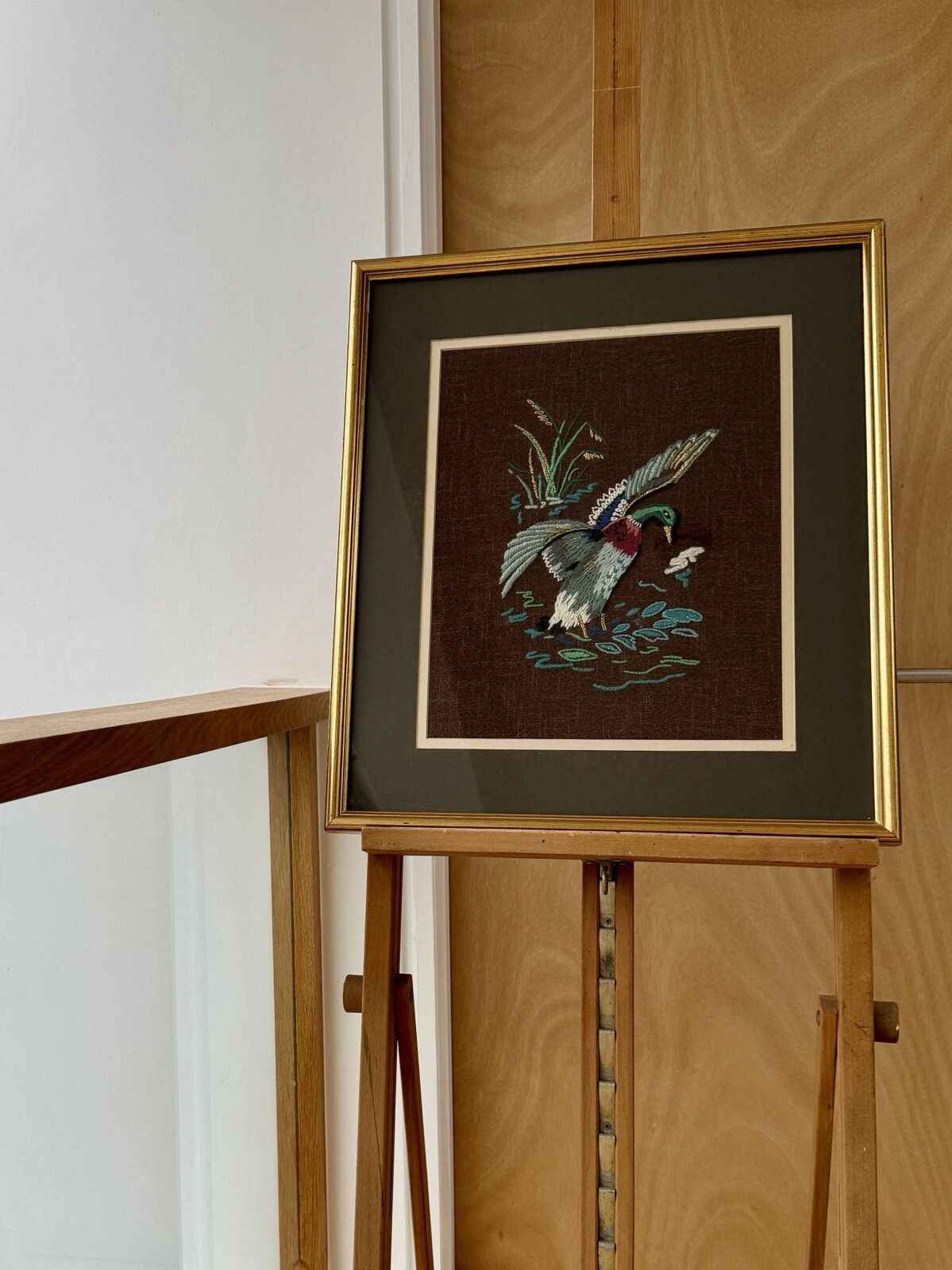 Mid Century Framed Needlepoint Of A Mallard Duck Landing On Water photo furniture