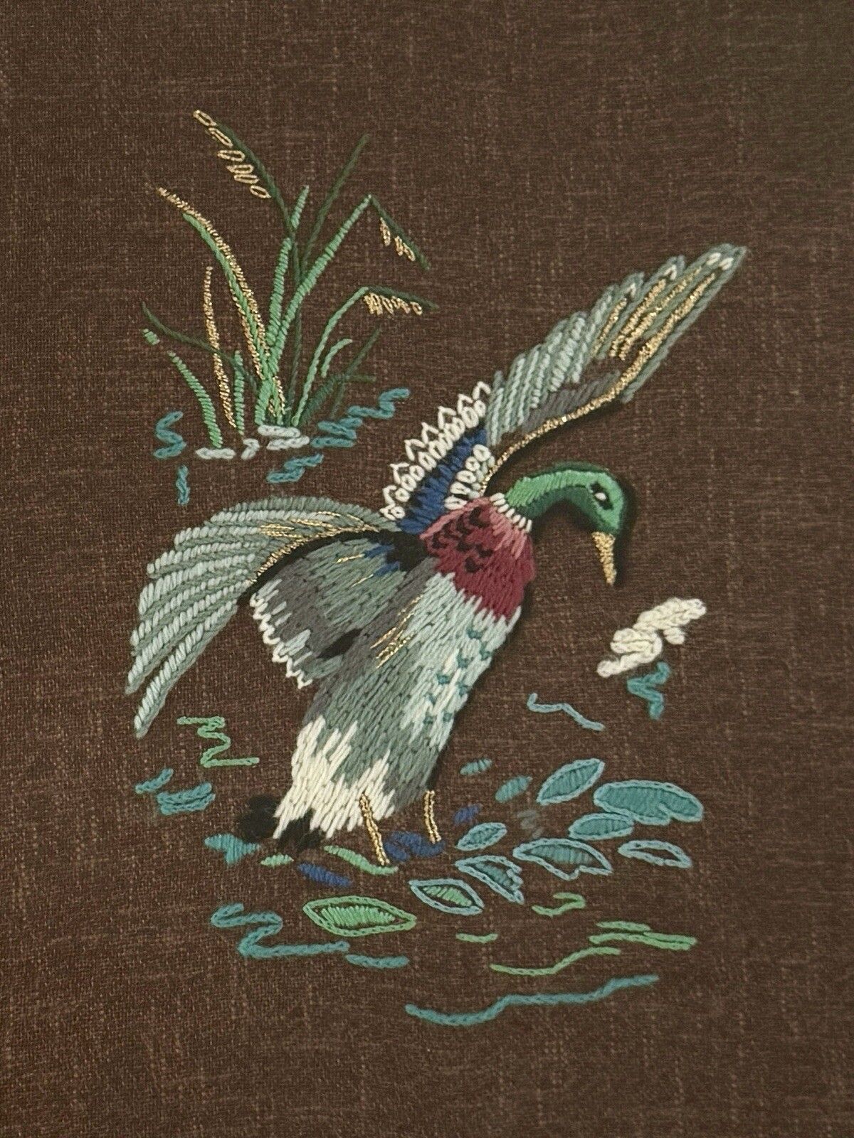 Mid Century Framed Needlepoint Of A Mallard Duck Landing On Water photo buy