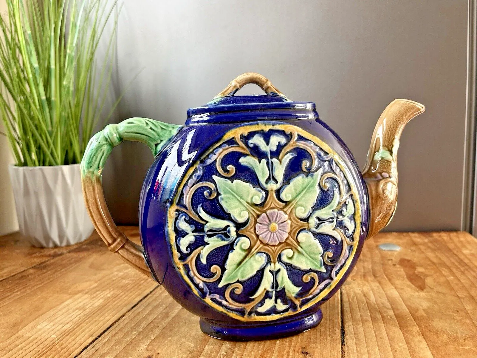 Majolica Cobalt Blue Flat Teapot In The Style Of Thomas Forester Antique Vintage photo 150.0