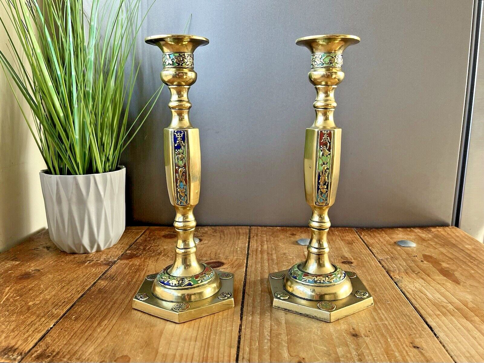 Pair Of Antique Asian Chinese Brass Floral Cloisonne Enamel Candlesticks Holders photo vinterior