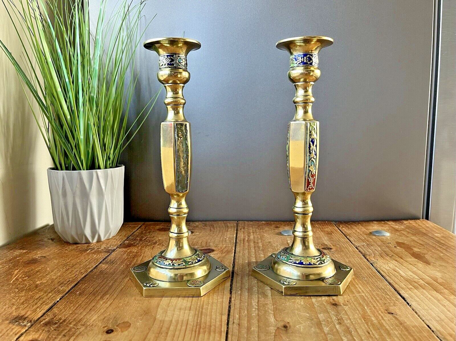 Pair Of Antique Asian Chinese Brass Floral Cloisonne Enamel Candlesticks Holders photo vintage
