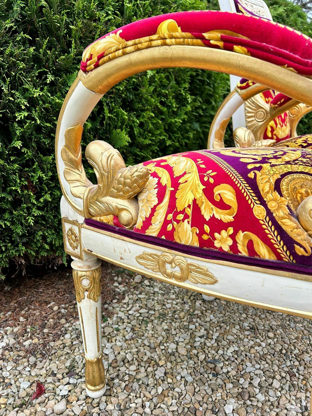Versace Set Of Two Gilded Gold And White Baroque Style Chairs With Red, Black And Gold Silk Velvet Fabric photo furniture