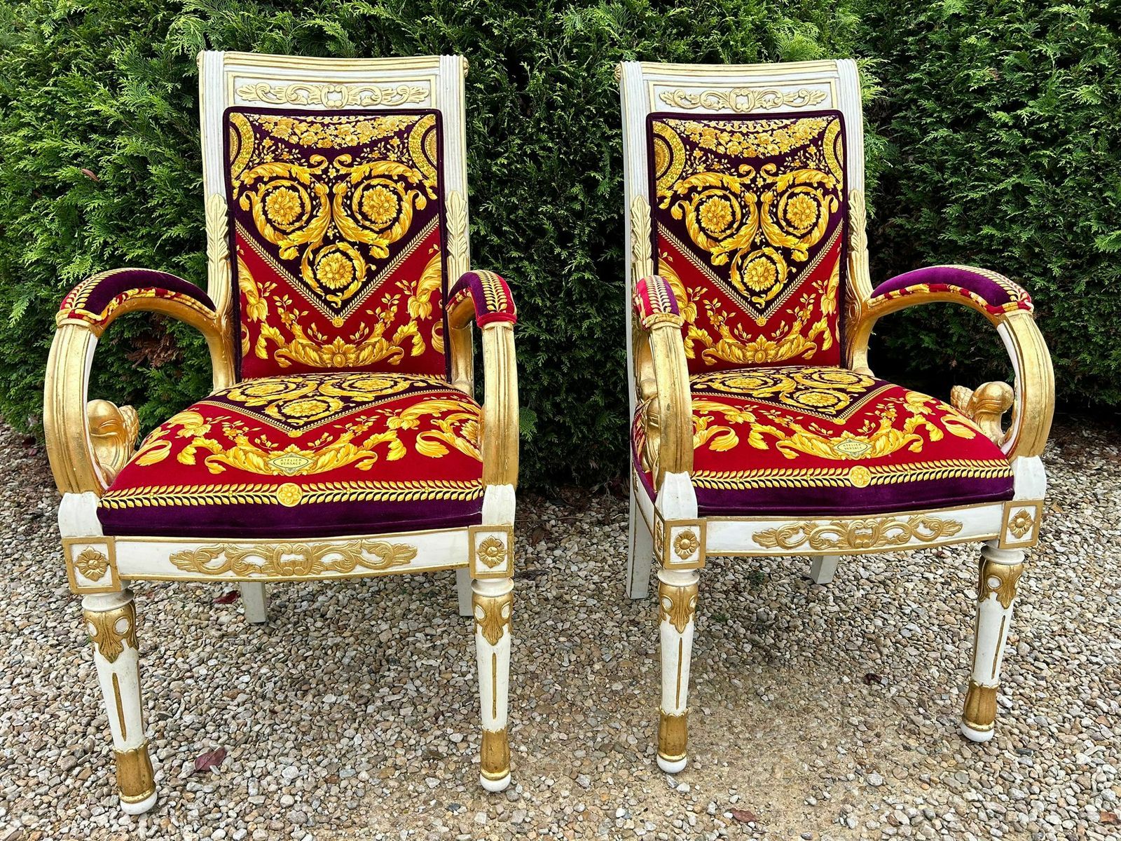 Versace Set Of Two Gilded Gold And White Baroque Style Chairs With Red, Black And Gold Silk Velvet Fabric