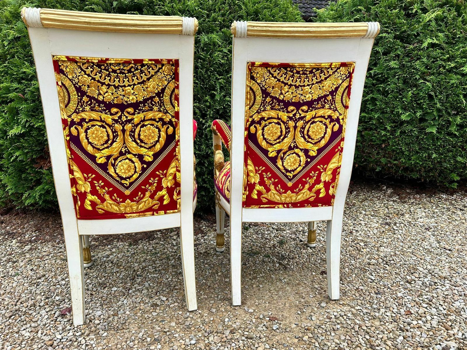 Versace Set Of Two Gilded Gold And White Baroque Style Chairs With Red, Black And Gold Silk Velvet Fabric photo for sale