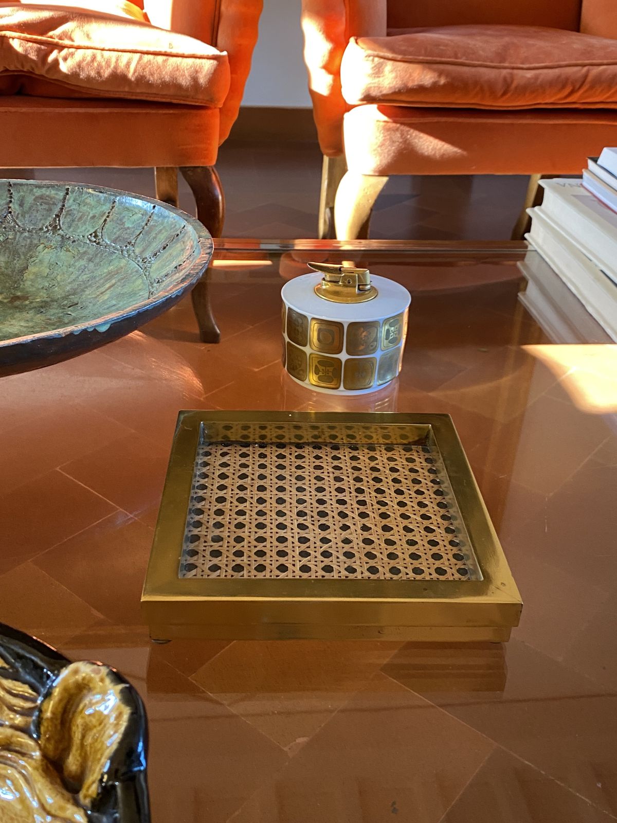 photo for sale Hollywood Regency Vide Poche, Brass And Vienna Straw, Italy 1970