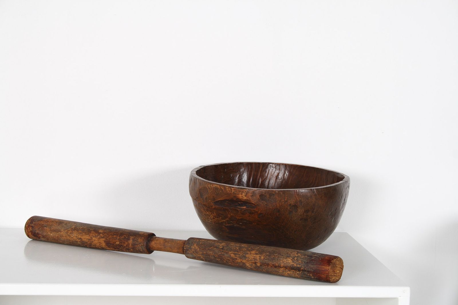 A Very Large Primitive Hand Carved Antique Wooden Bowl Mortar And Pestle photo for sale