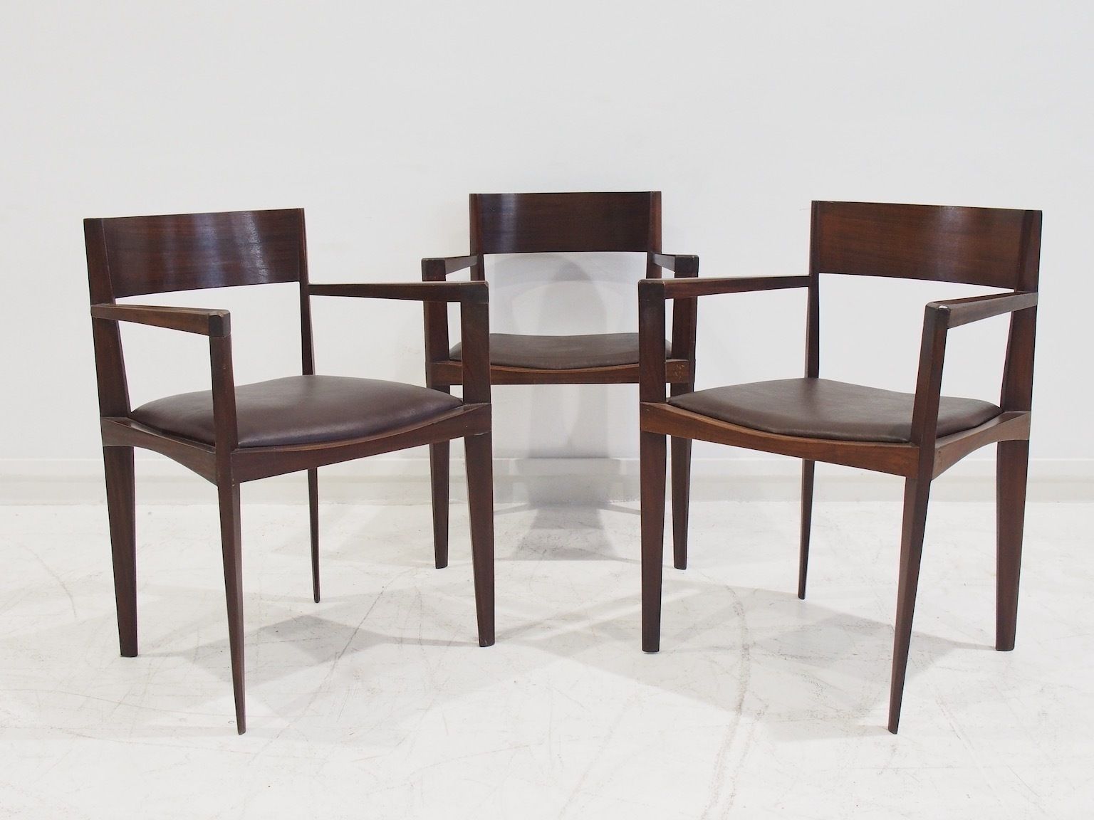 Set Of Six Dark Brown Wood And Faux Leather Italian Dining Chairs photo buy