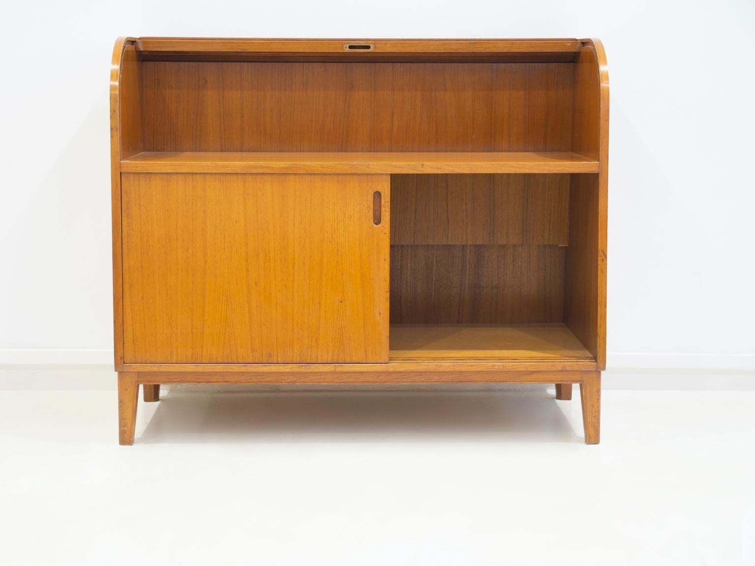 Teak Veneered Cabinet With Sliding Doors And Roll Up Flap photo for sale
