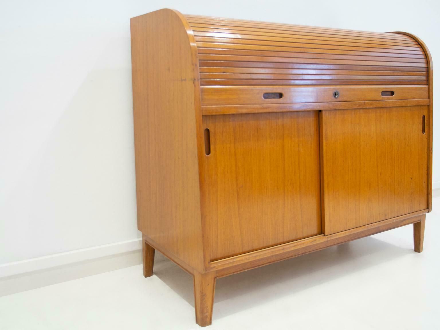 Teak Veneered Cabinet With Sliding Doors And Roll Up Flap photo vinterior
