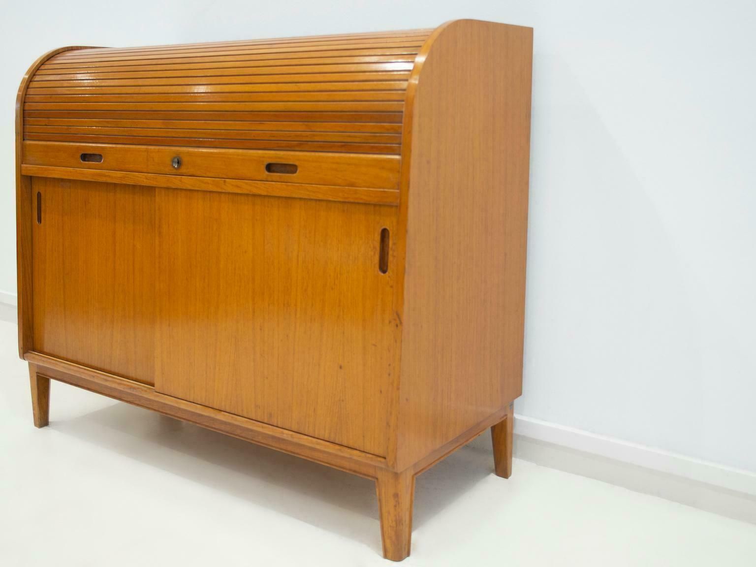 Teak Veneered Cabinet With Sliding Doors And Roll Up Flap photo vintage