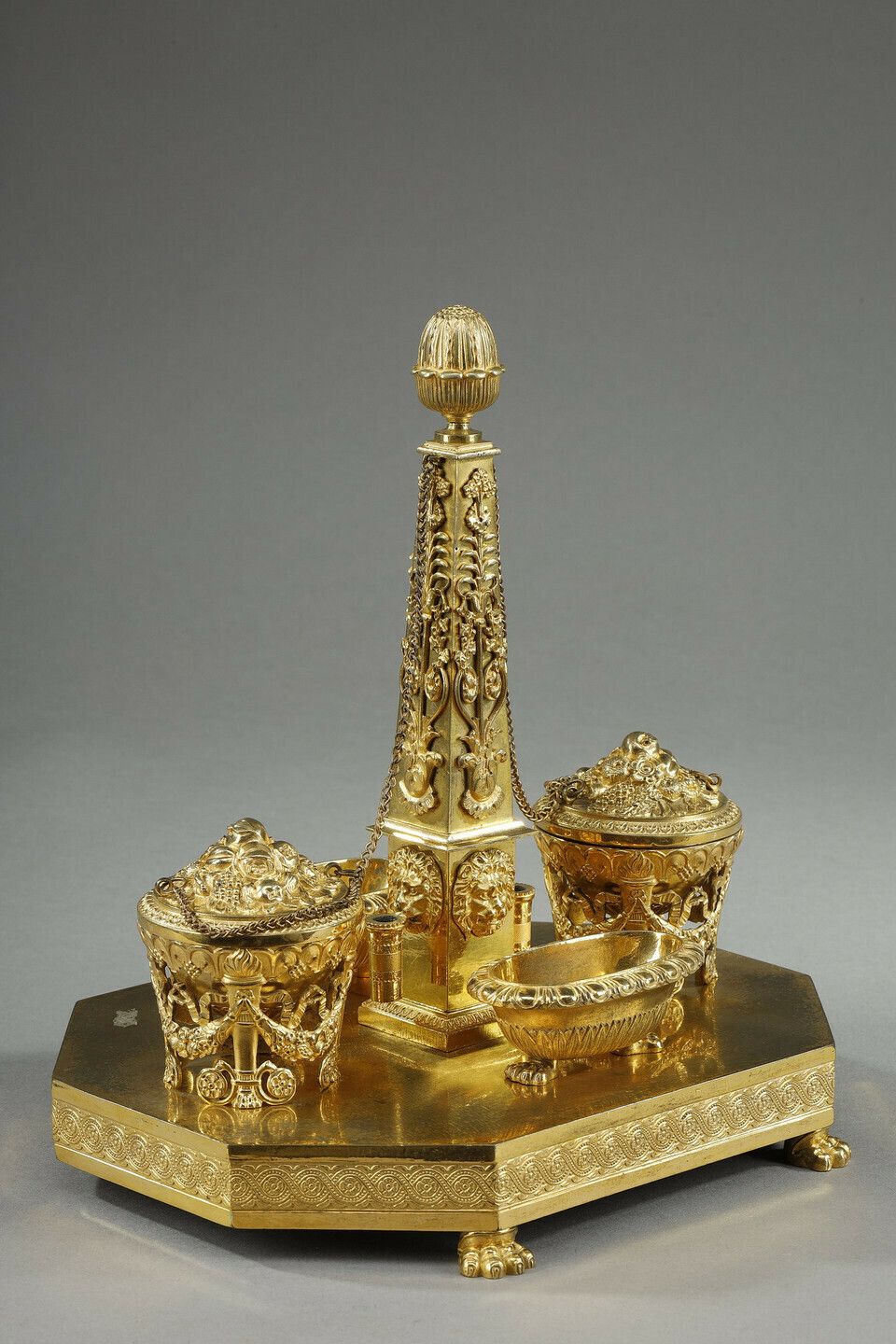 Empire Period Gilt Bronze Obelisk Inkwell photo for sale