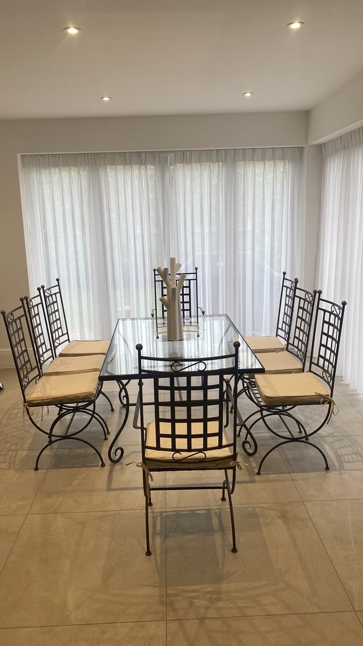 Beautiful Iron And Glass Dining Table With 8 Chairs And Twoo Moon Tables