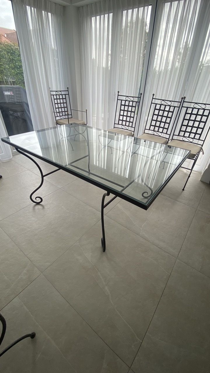 Beautiful Iron And Glass Dining Table With 8 Chairs And Twoo Moon Tables photo for sale