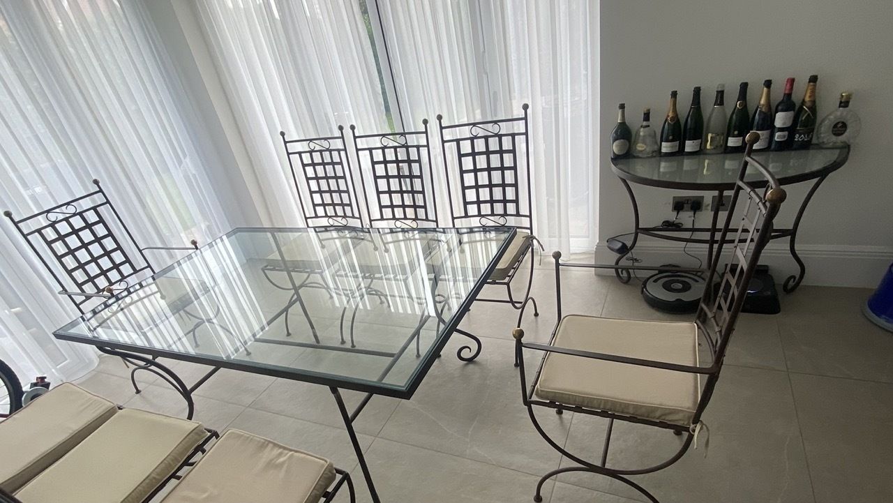 Beautiful Iron And Glass Dining Table With 8 Chairs And Twoo Moon Tables photo buy