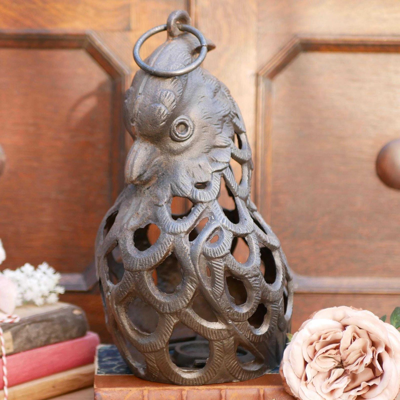 Japanese Antique Cast Iron Parrot Lantern Garden Hanging Candle Holder Patio Light Decorative Garden Lighting photo furniture