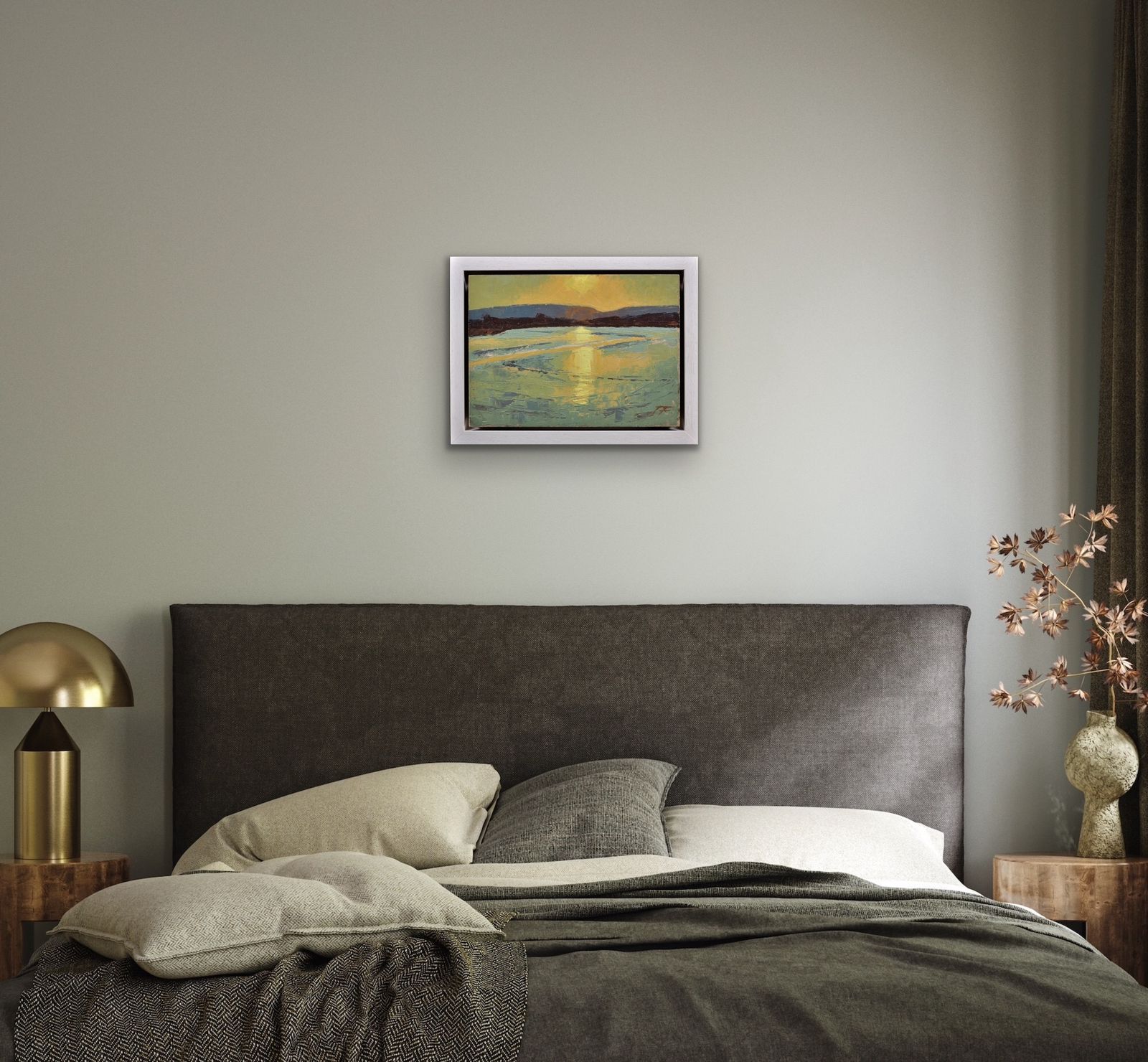 photo furniture James Fry 1911 To 1985. English. Poole Harbour With The Purbeck Hills Beyond, Dorset Landscape. Framed Impasto Oil Painting Circa 1950.