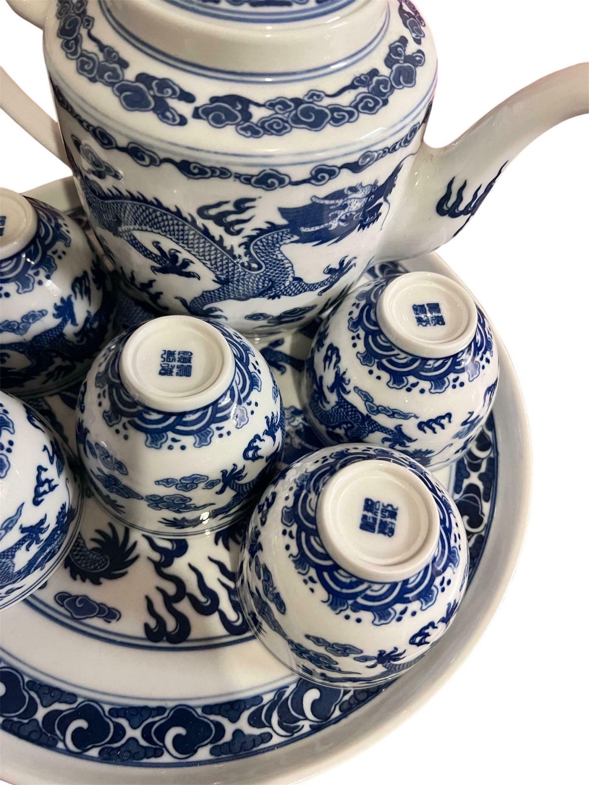 Double Dragon Vintage Chinese Porcelain Blue & White Dishware Teaset/ Teapot And Tray, Made In Jingdezhen photo Home Decor