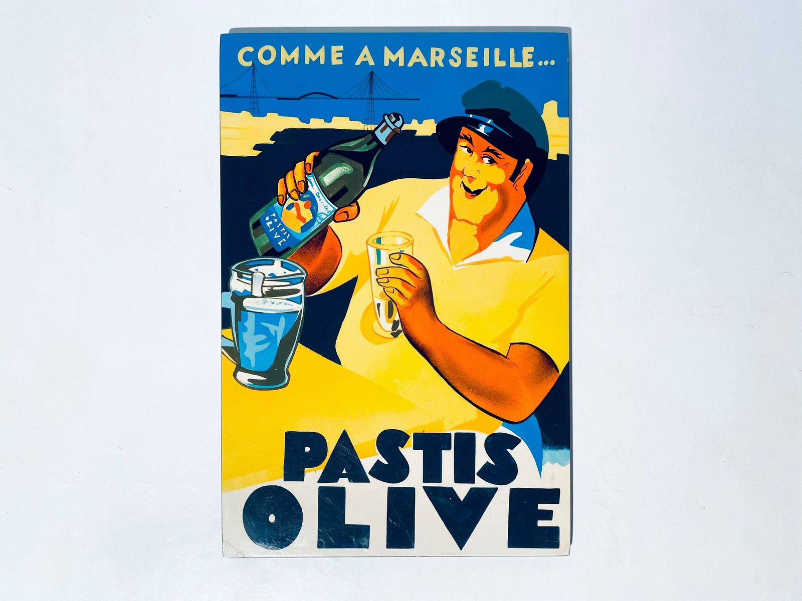 Vintage Pastis Olive Comme A Marseille Advertising Picture / Authentic Wooden Advert