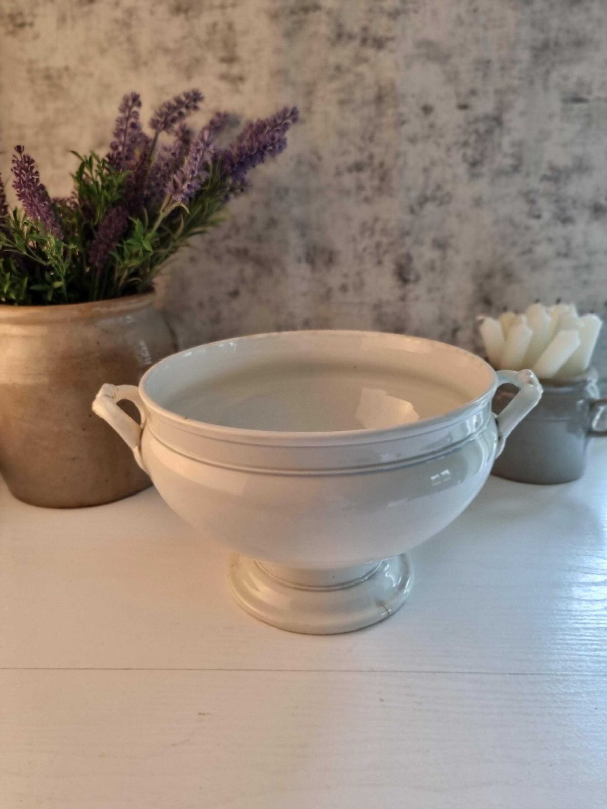photo for sale Antieke Franse Ironstone Terrine   Antiek Witte Creil & Montereau Terrine   Vintage Franse Ironstone Serveerschaal   Ironstone Serveerschaal
