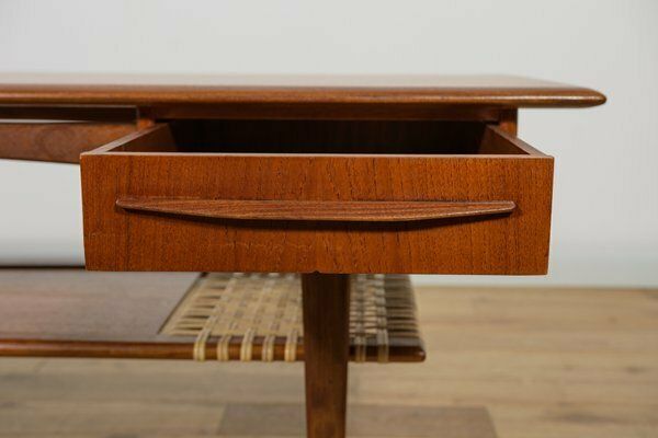 photo vinterior Mid Century Teak & Rattan Coffee Table, Denmark, 1960s