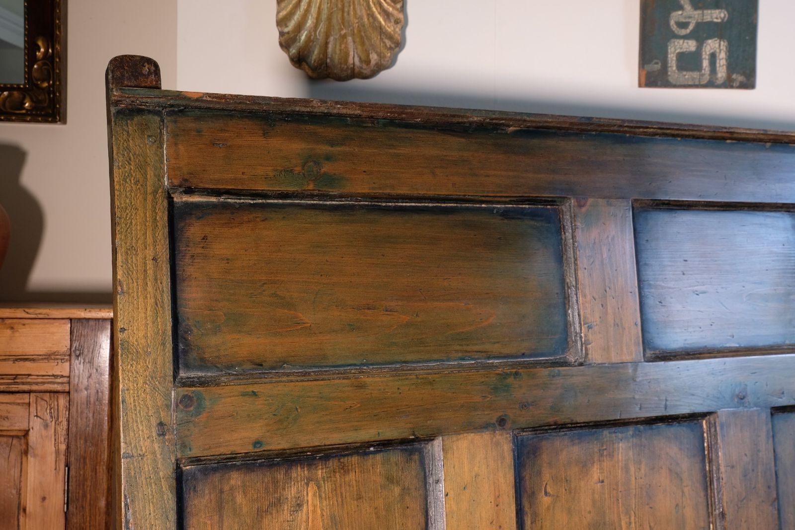 19th Century Welsh Oak Settle With Painted Panels & Storage photo buy