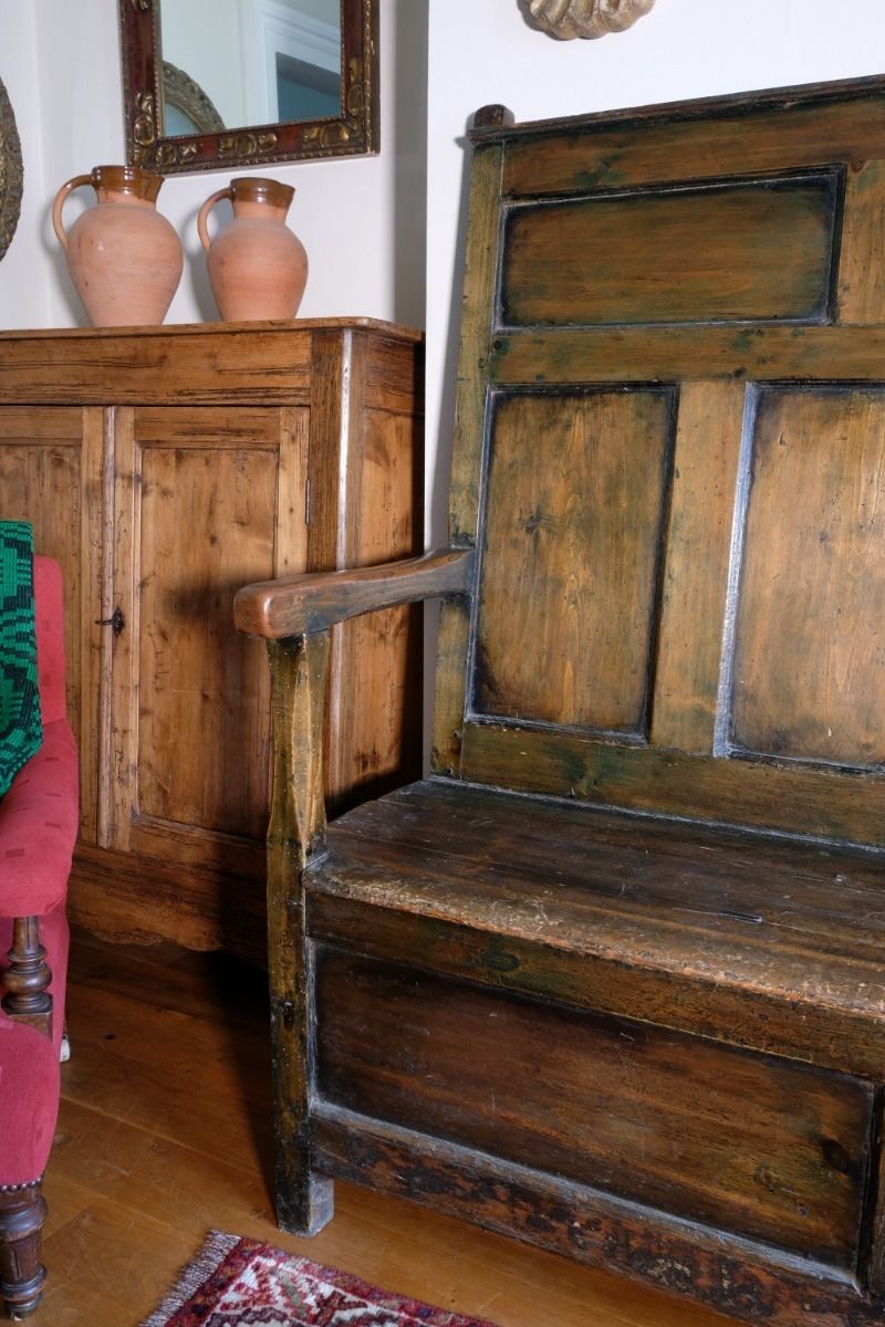 Furniture 19th Century Welsh Oak Settle With Painted Panels & Storage photo