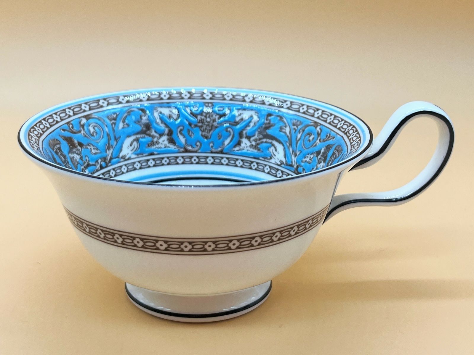 photo furniture Wedgwood China Turquoise Florentine Design Peony Shape Tea Cup & Saucer Duo. W2714.