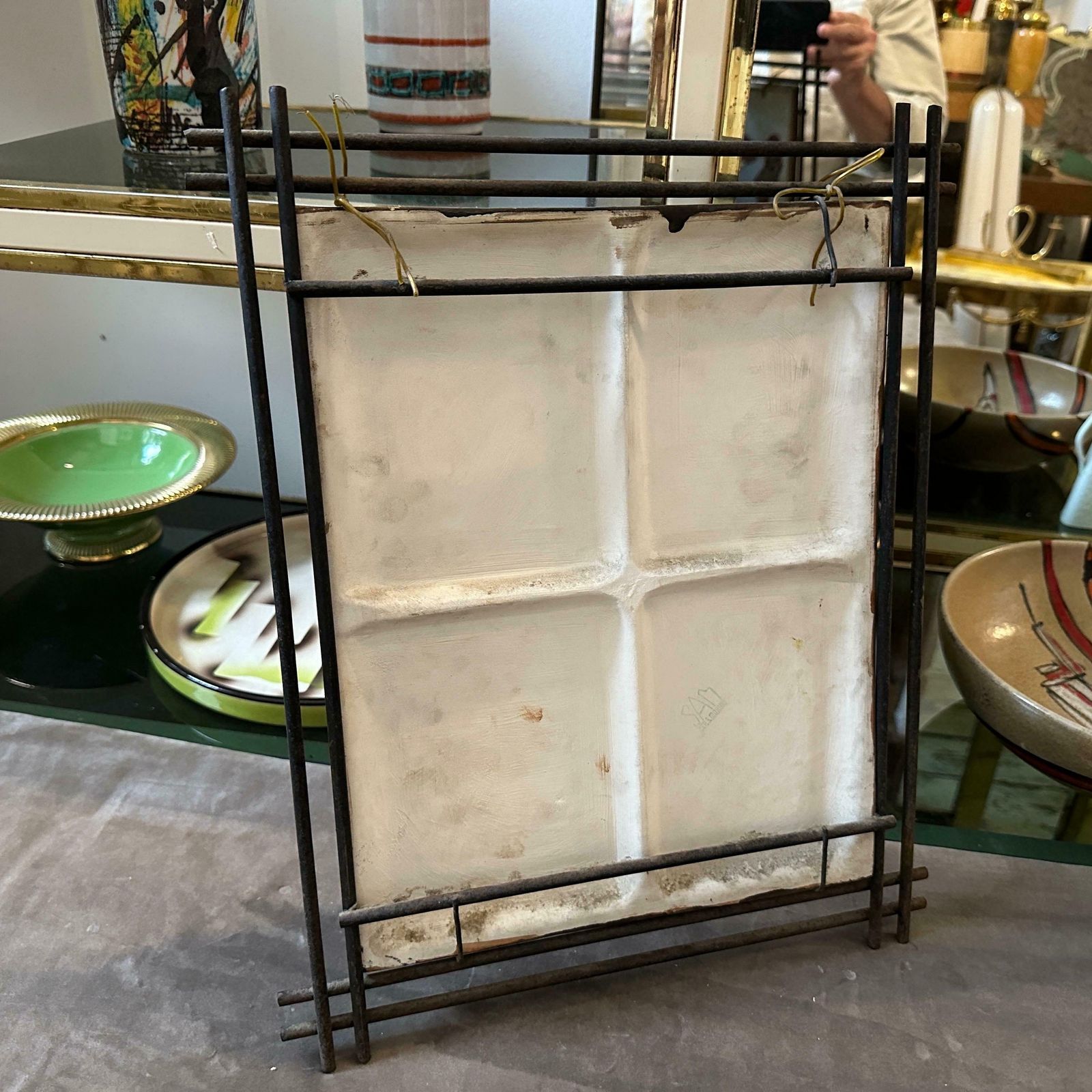 1950s Mid Century Modern Iron Framed Hand Painted Ceramic Italian Plaque photo vinterior