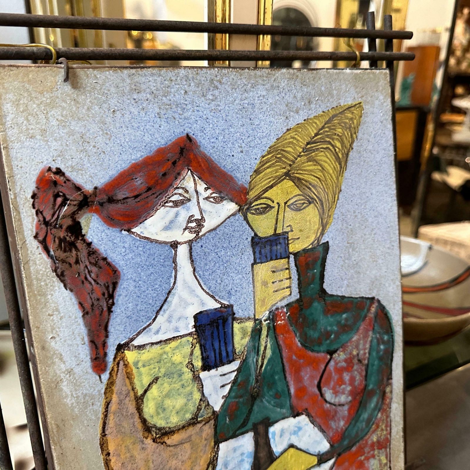 Art 1950s Mid Century Modern Iron Framed Hand Painted Ceramic Italian Plaque photo