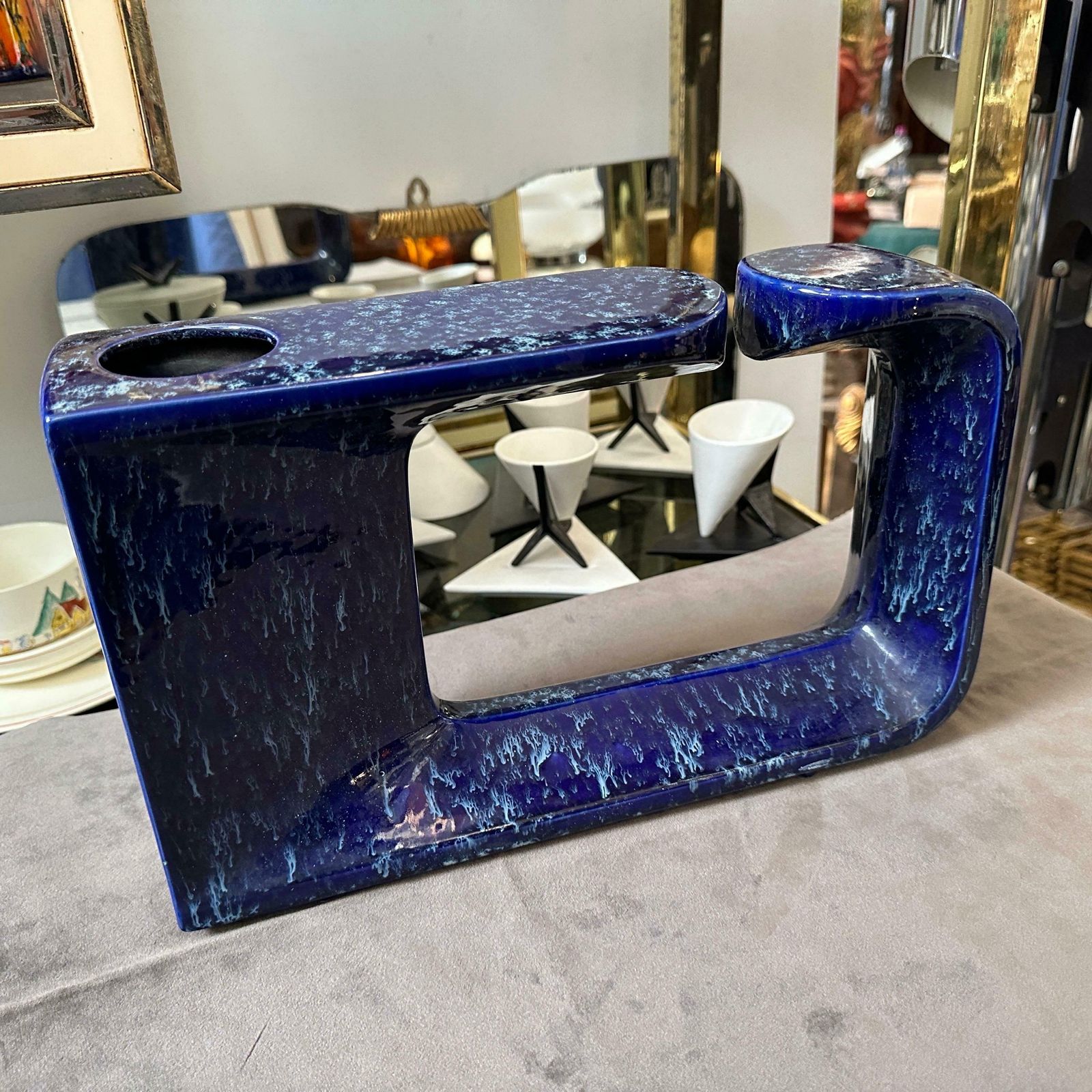 1970s Post Modern Blue Ceramic Vase By Rigon For Bertoncello photo vinterior