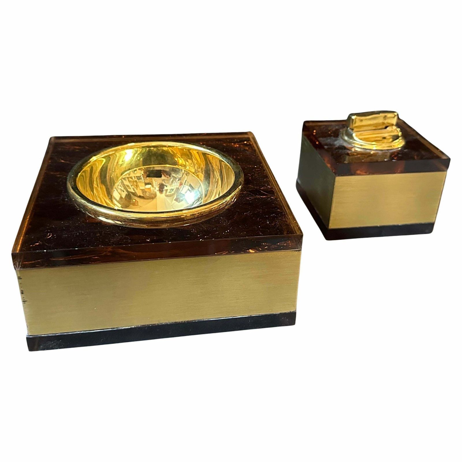 1970s Mid Century Modern Brass And Fake Tortoiseshell Lucite Italian Smoking Set