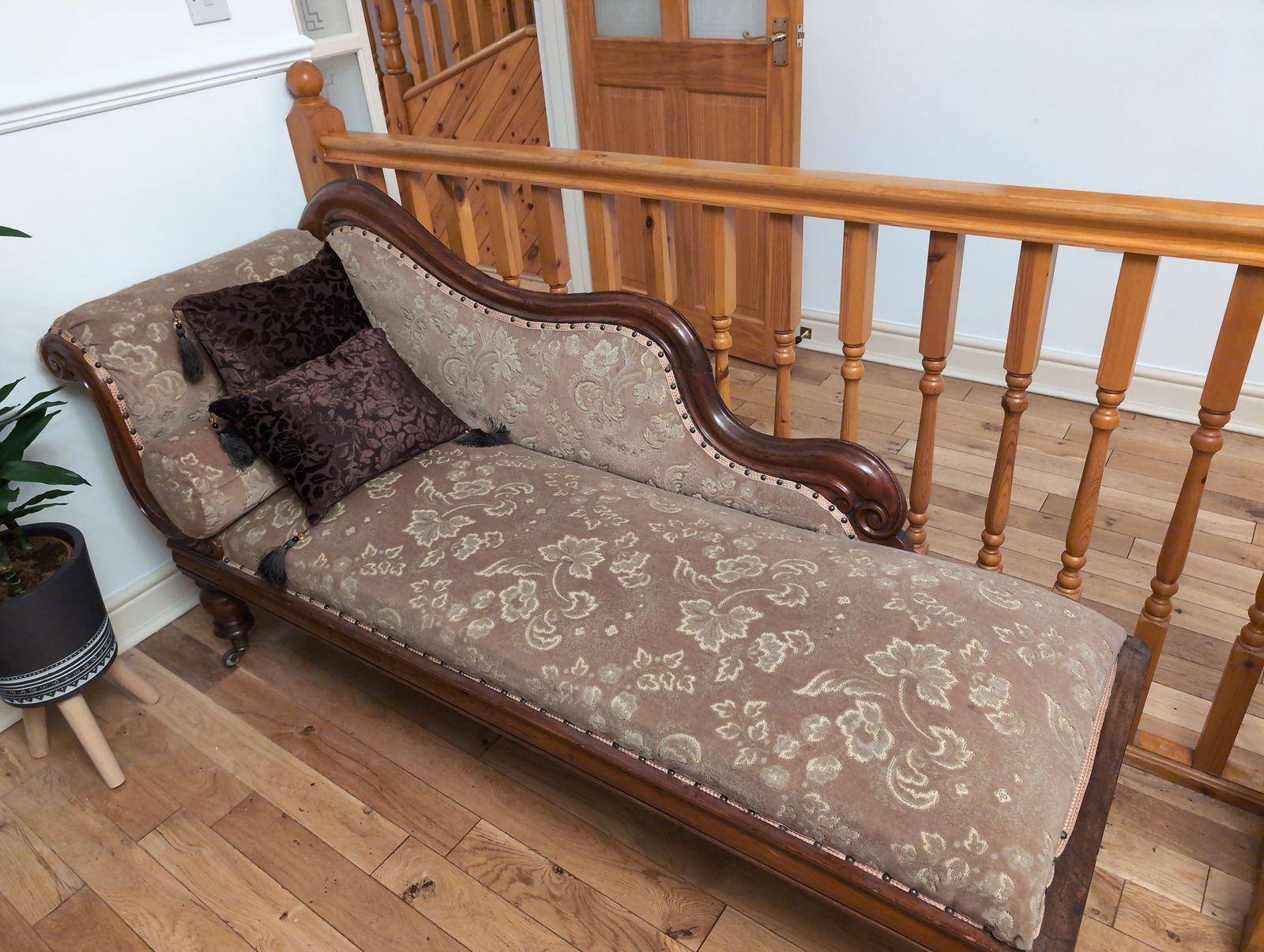 photo furniture Antique Chaise Longue. Original Upholstery, With Rolled Cushion.