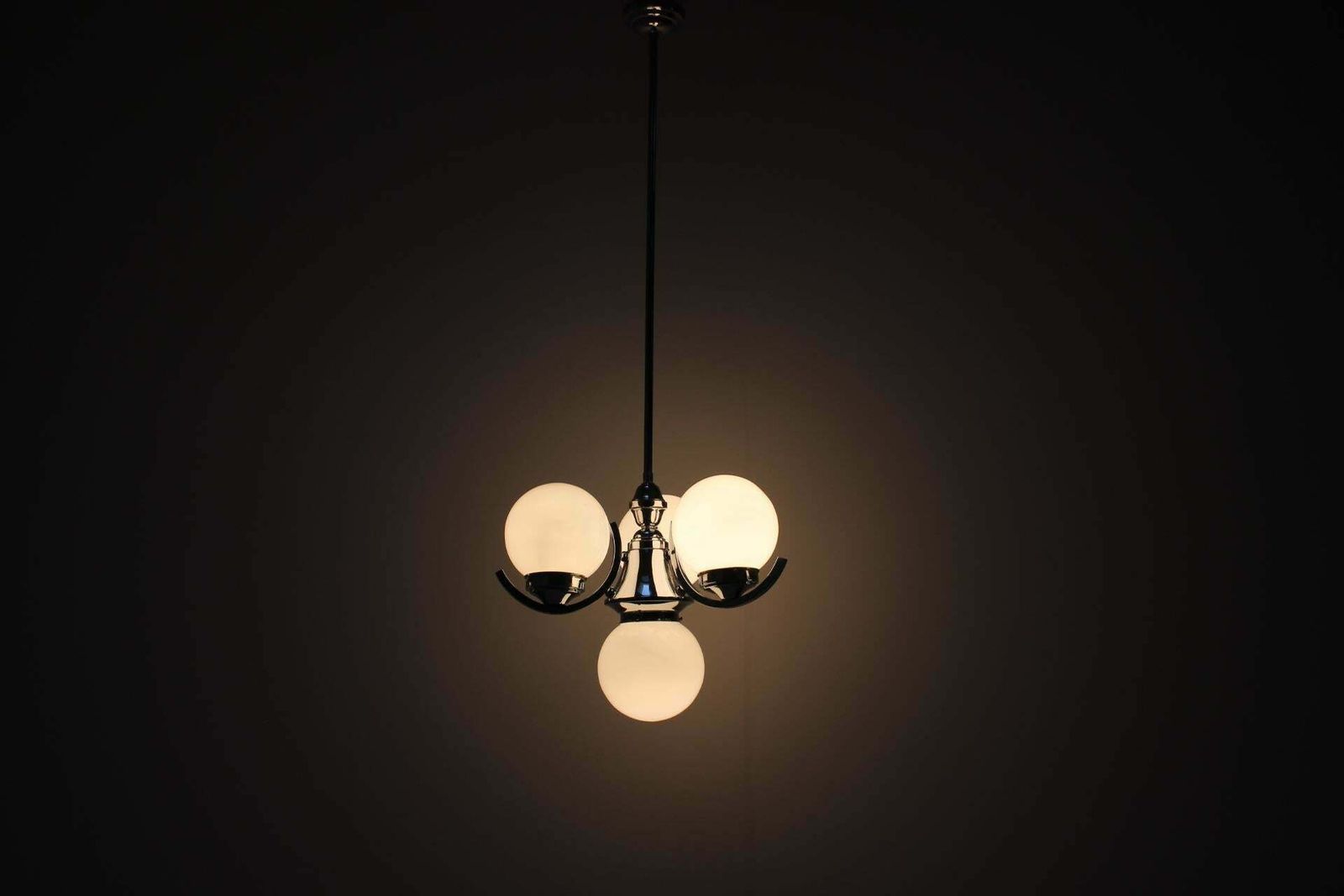 photo furniture Art Deco Chrome And Pink Glass Chandelier, 1930's, Czechoslovakia