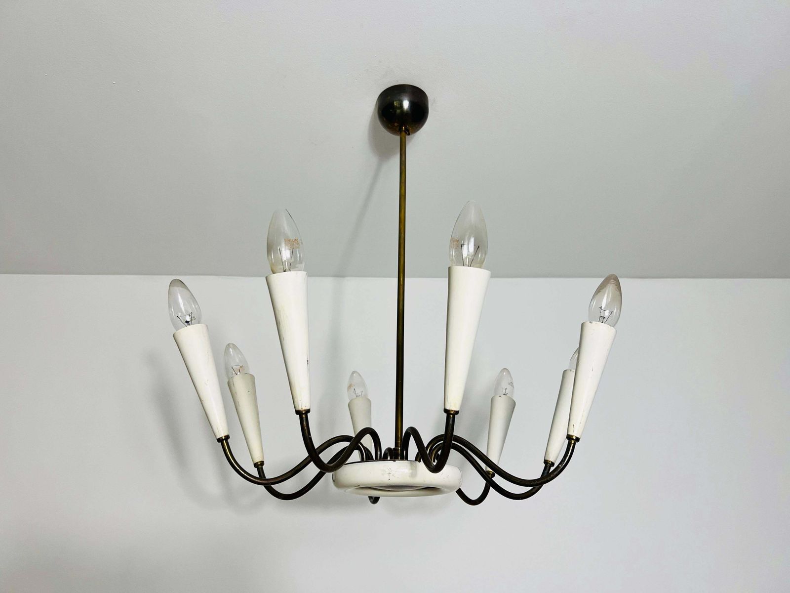 Mid Century Brass 8 Arm Sputnik Chandelier, 1950s, Italy photo for sale