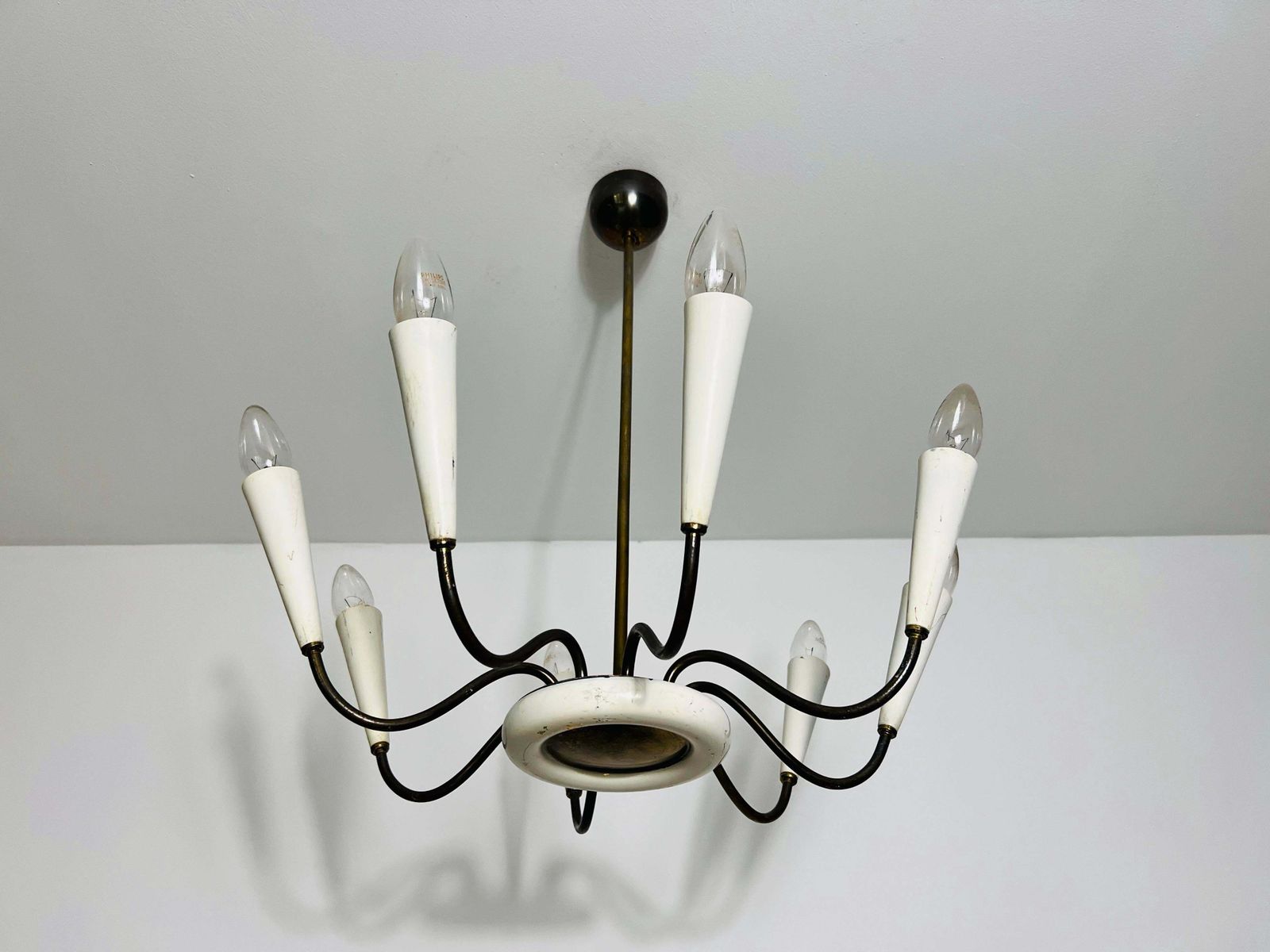 Mid Century Brass 8 Arm Sputnik Chandelier, 1950s, Italy photo Lighting