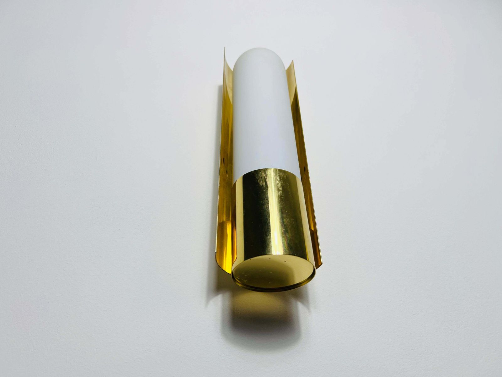 1242.0 Pair Of Brass And Opaline Glass Wall Lamps By Glashütte Limburg, 1960s photo