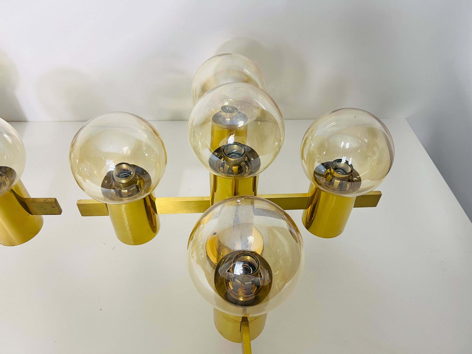 photo for sale 1 Of 2 Brass And Glass Chandelier By Hans Agne Jakobsson, Sweden, 1960s