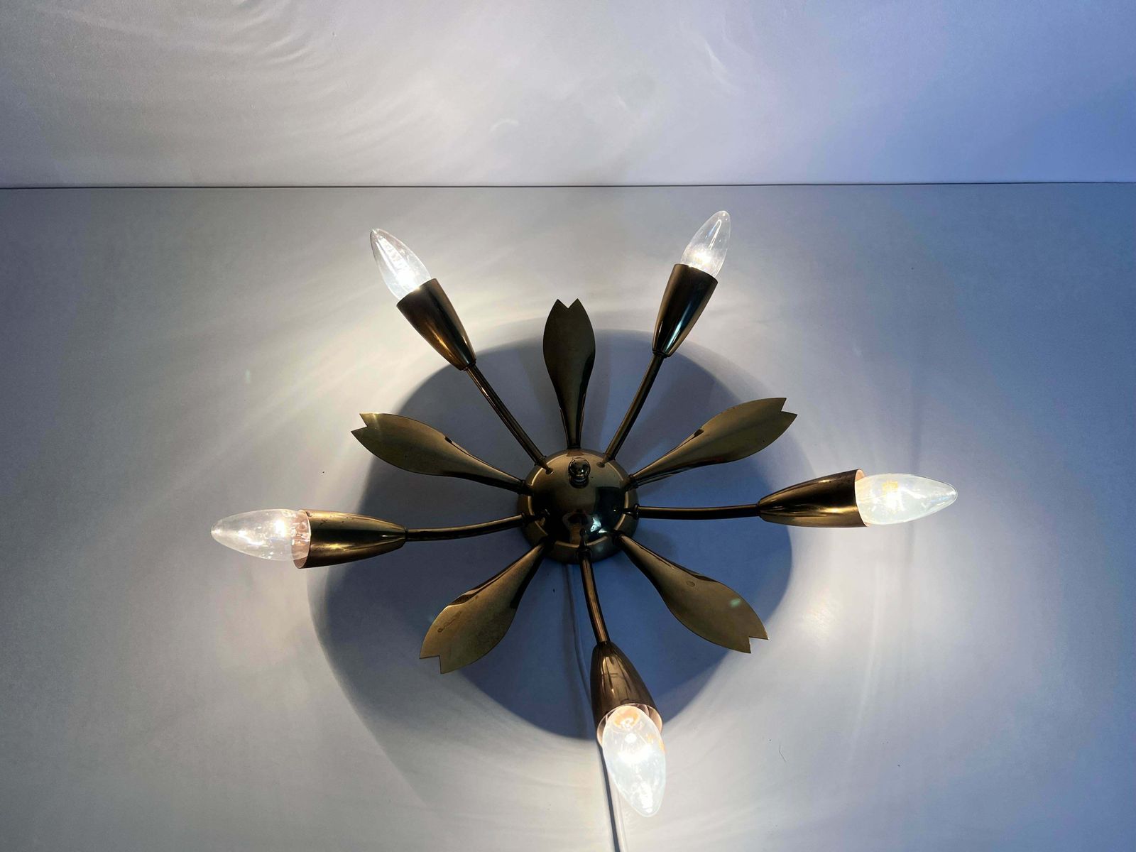 photo for sale Italian Midcentury Brass 5 Arm Sputnik Chandelier, 1950s