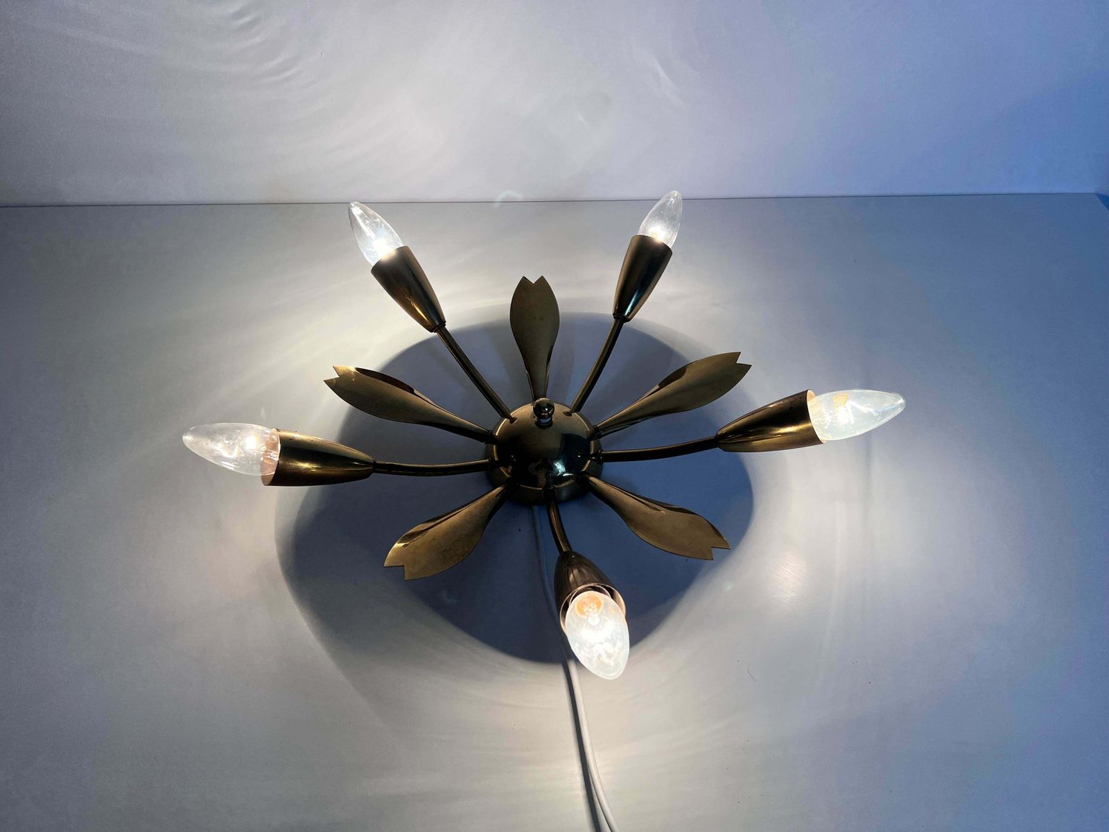 Lighting Italian Midcentury Brass 5 Arm Sputnik Chandelier, 1950s photo