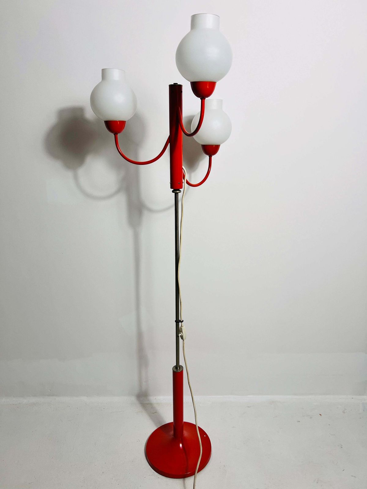 Midcentury Red And Opaline Glass 3 Arm Floor Lamp By Kaiser, Germany, 1960s photo for sale