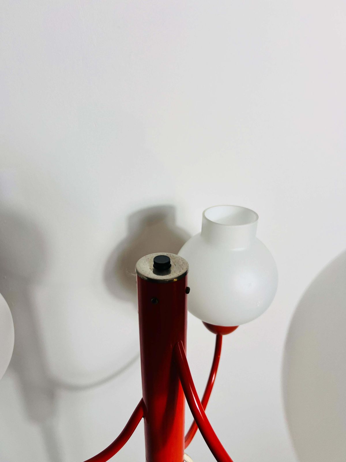 photo for sale Midcentury Red And Opaline Glass 3 Arm Floor Lamp By Kaiser, Germany, 1960s